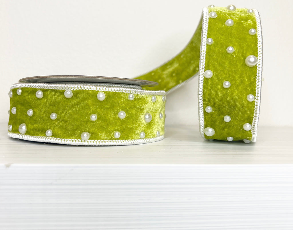 Light Green & Pearl Velvet 1" Wired Ribbon-(25/52,139)