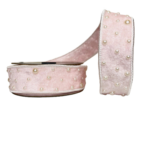 Pre-order 2026- Pink Velvet & Pearl 1.5" Wired Ribbon