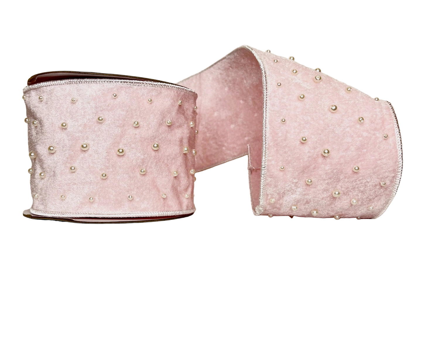 Pre-Order 2026- Light Pink Velvet & Pearl 4" Wired Ribbon