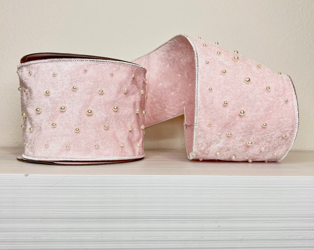 Light Pink Velvet & Pearl 4" Wired Ribbon-(25/23-24)