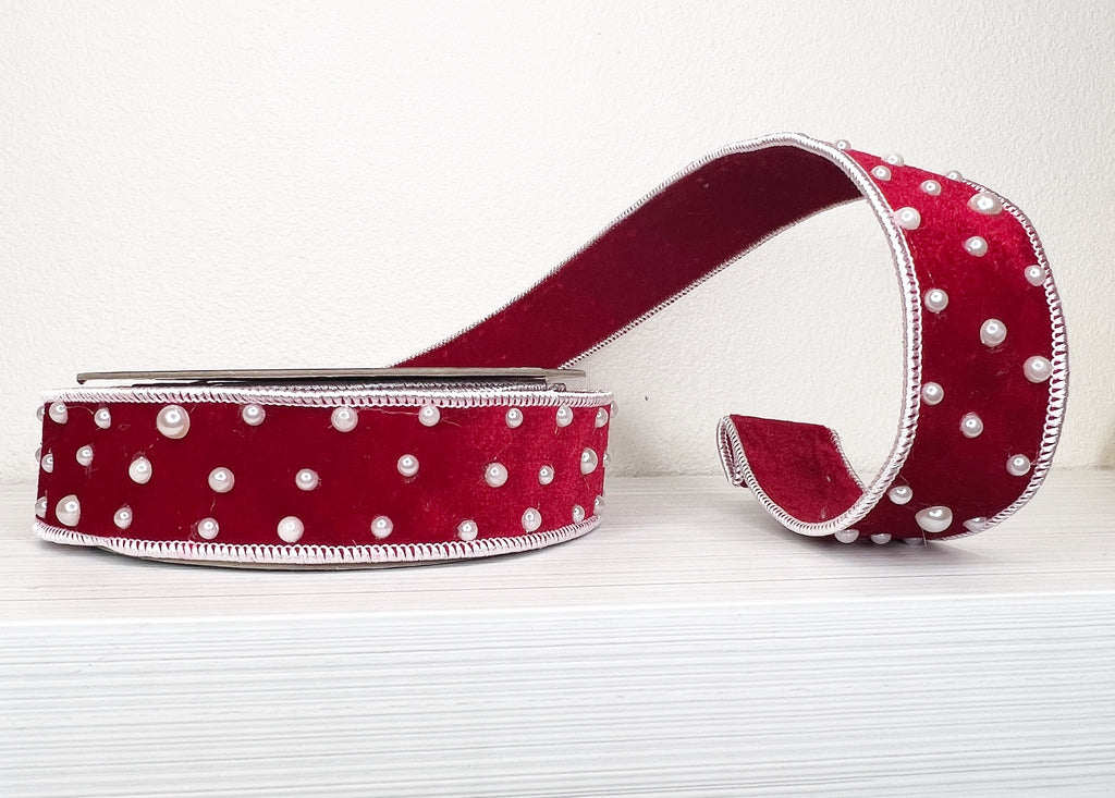 Red Velvet & Pearl 1.5" Wired Ribbon-(25/17-19,137)