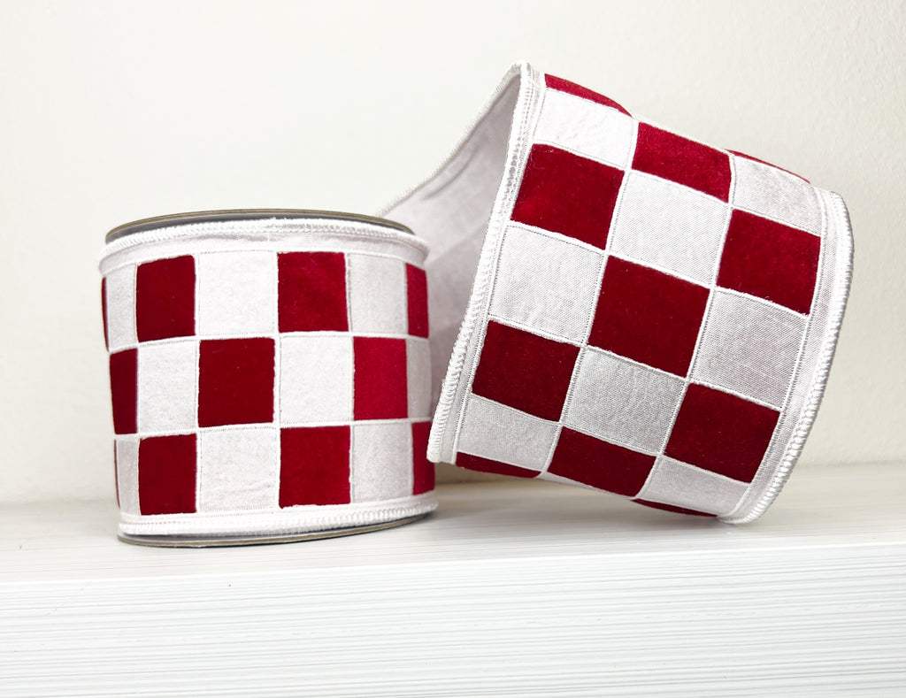 Red and White Check 4" Wired Red Ribbon-(25/9-10,133)