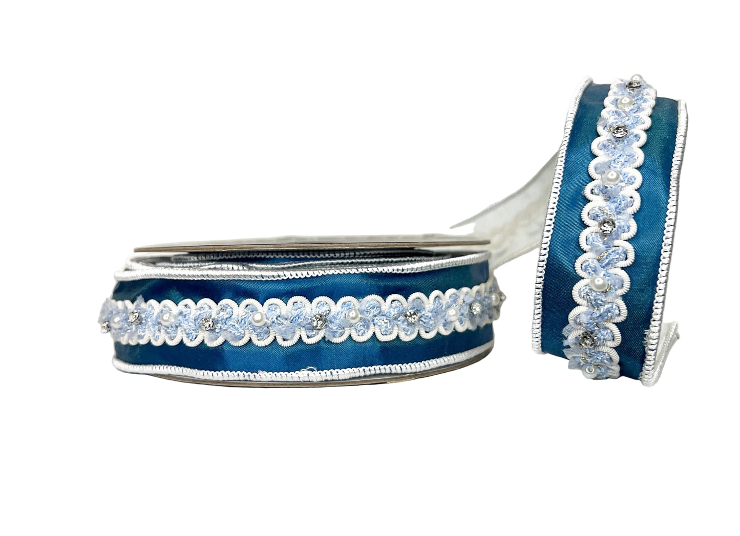 Blue Pearl and Rhinestone 1.5" Wired Ribbon