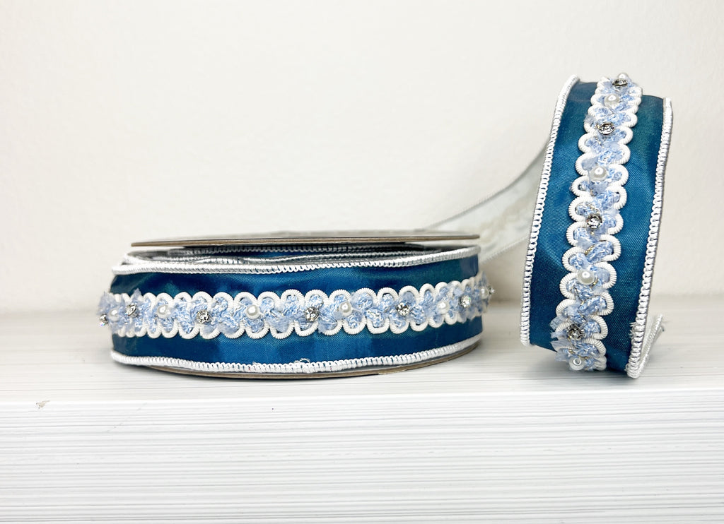 Blue Pearl and Rhinestone 1.5" Wired Ribbon-(25/87,152-153)