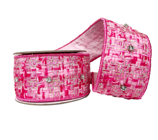 Pre-Order 2026- Pink Tweed & Bling 2.5"x 5Y Wired Ribbon