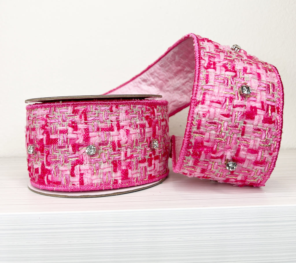 Pink Tweed & Bling 2.5"x 5Y Wired Ribbon-(25/14,135)