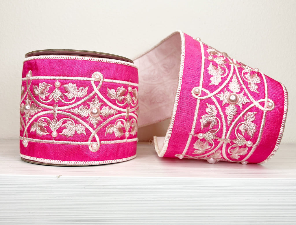 Fancy Pink & Pearl 4" Wired Ribbon-(25/25-27)