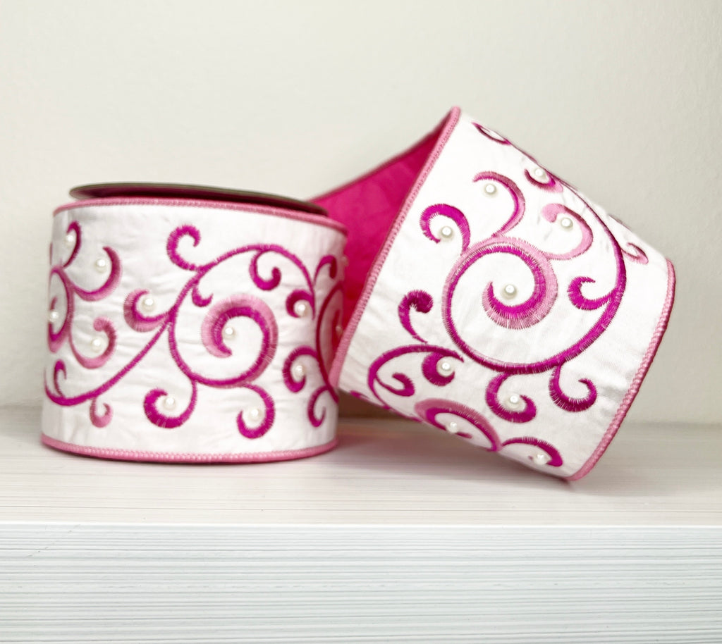 White and Pink Pearl Vine 4" Wired Ribbon- (25/28-31)