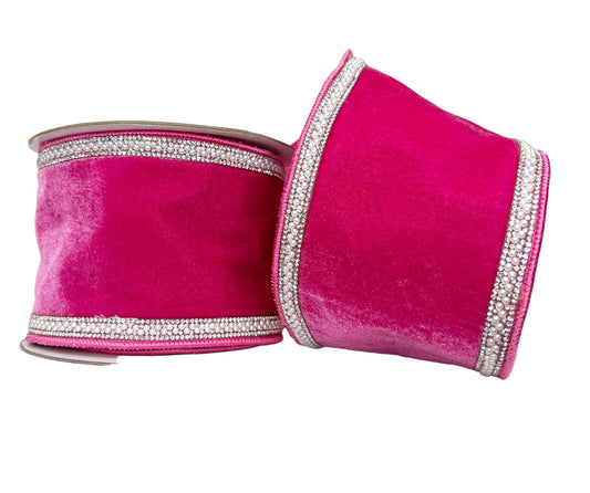 Pre-Order 2026- Hot Pink Velvet 4" Wired Ribbon with Pearl and Bling Trim