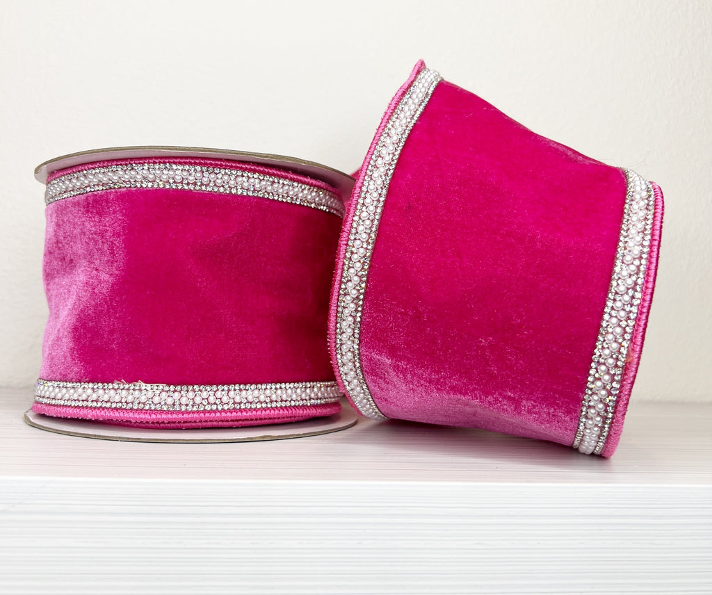Hot Pink Velvet 4" Wired Ribbon with Pearl and Bling Trim-(25/31,33,151)