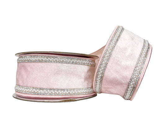 Light Pink Velvet Bling & Pearl 2.5" Wired RIbbon