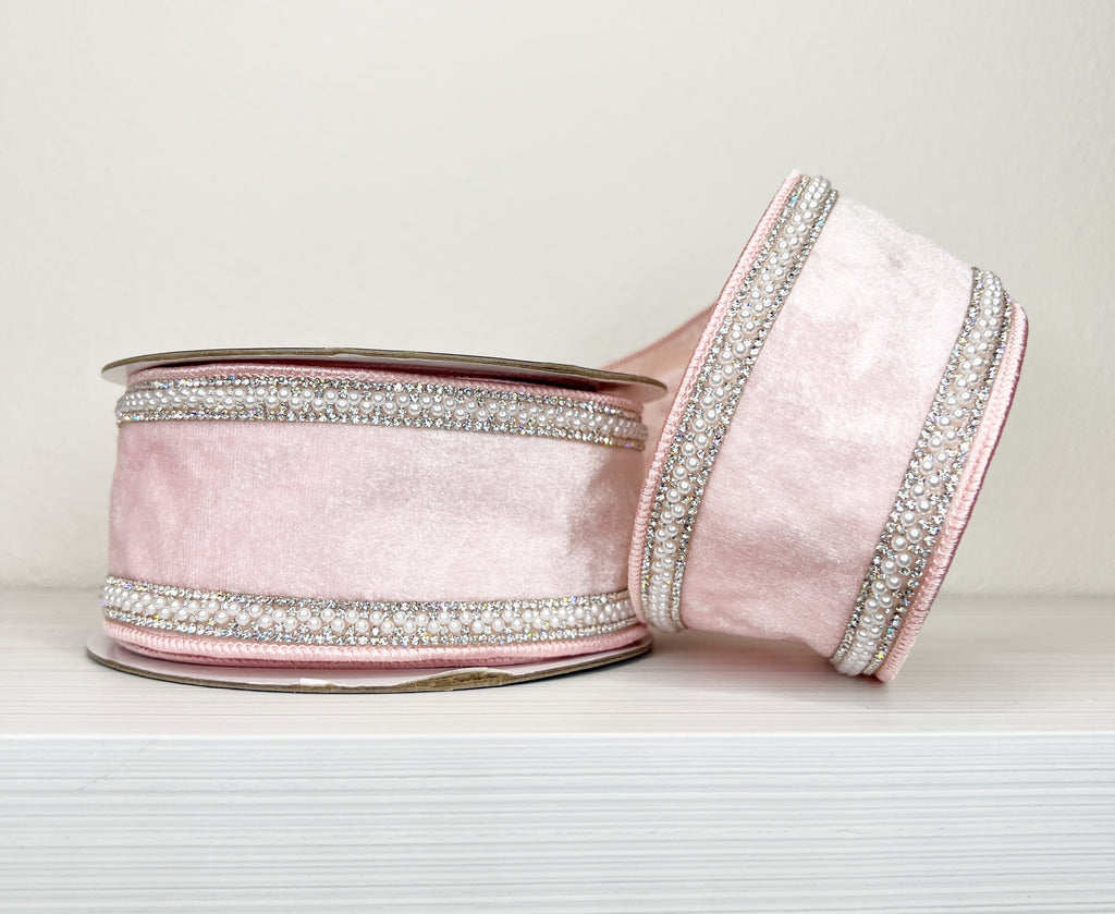 Light Pink Velvet Bling & Pearl 2.5" Wired RIbbon-(25/31-32)
