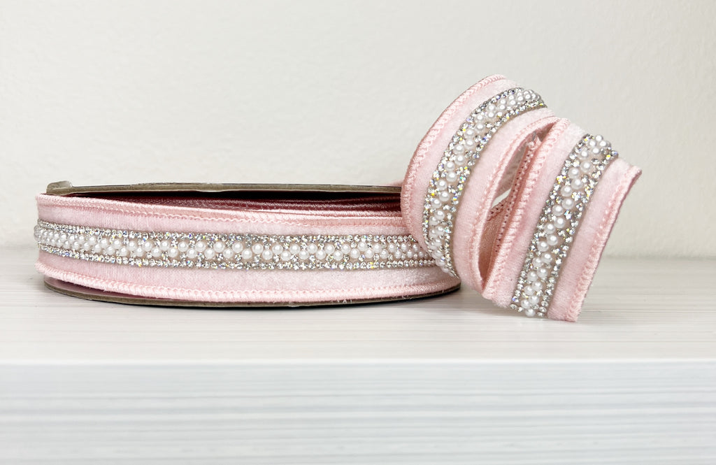 Pink Velvet with Pearl and Bling Lux Trim 1" Wired Ribbon- (25/16-17,136)