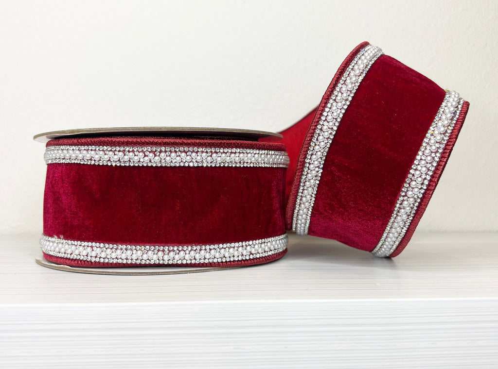 Red with Bling and Pearl Trim 2.5" Velvet Wired Ribbon-(25/85)