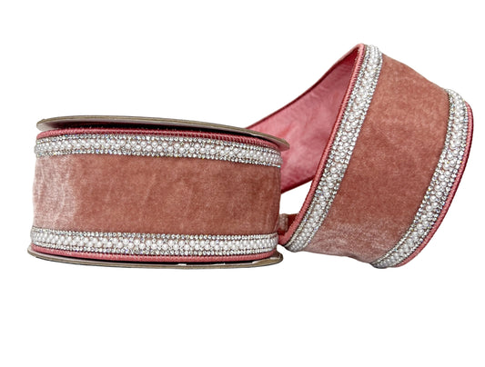 Dusty Rose Bling & Pearl Trim Velvet 2.5" Wired Ribbon