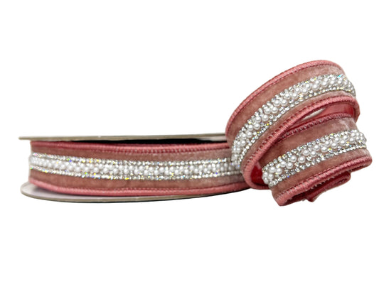 Dusty Rose Bling & Pearl Trim Velvet 1" Wired Ribbon