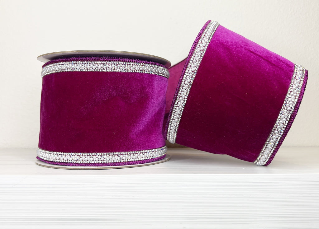 Purple Velvet with Bling and Pearl Trim 4" Wired Ribbon-(25/93)