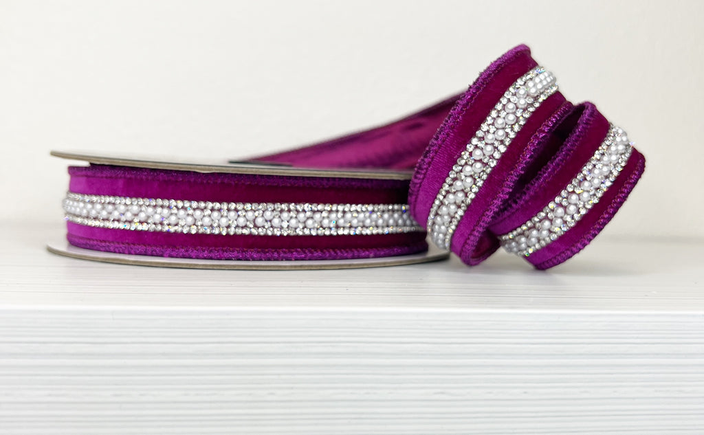 Purple Bling and Pearl Velvet 1" Wired Ribbon-(25/115)