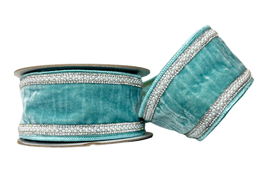 Teal/Turquoise Velvet Bling and & Pearl Trim 2.5" Wired Ribbon