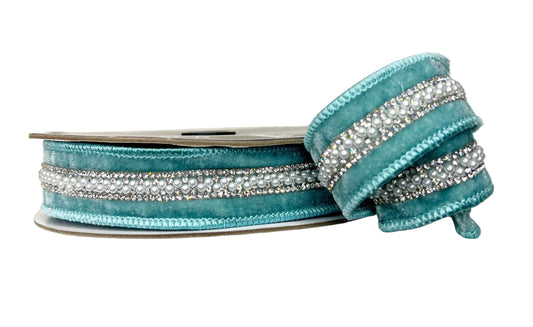 Pre-Order 2026-Teal/Turquoise Velvet Bling and Pearl Trim 1" Wired Ribbon