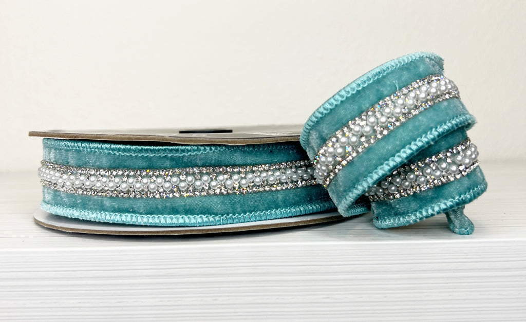 Teal/Turquoise Velvet Bling and Pearl Trim 1" Wired Ribbon-(25/59,144)