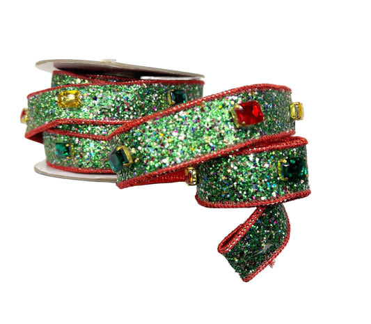 Green Sparkles with Red Piping & Backing Large Gemstone 1"x5Y Wired Ribbon