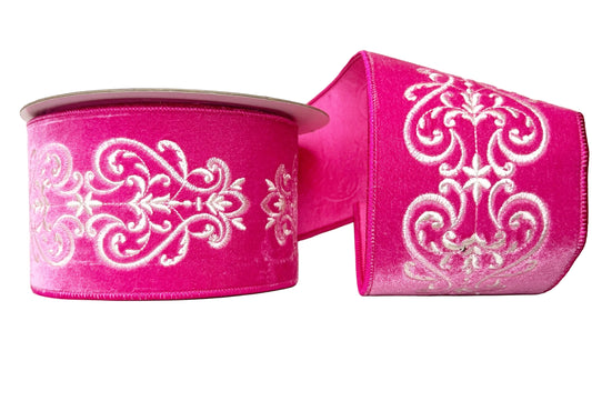 Pre-Order 2026- Hot Pink Velvet Filigree 4"x 10Y Wired Ribbon