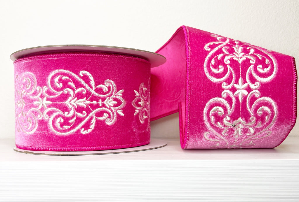 Hot Pink Velvet Filigree 4"x 10Y Wired Ribbon-  (25/#34-39)