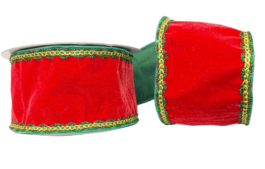 Pre-Order 2026- Red Velvet with Green & Gold Trim 4" Wired Ribbon