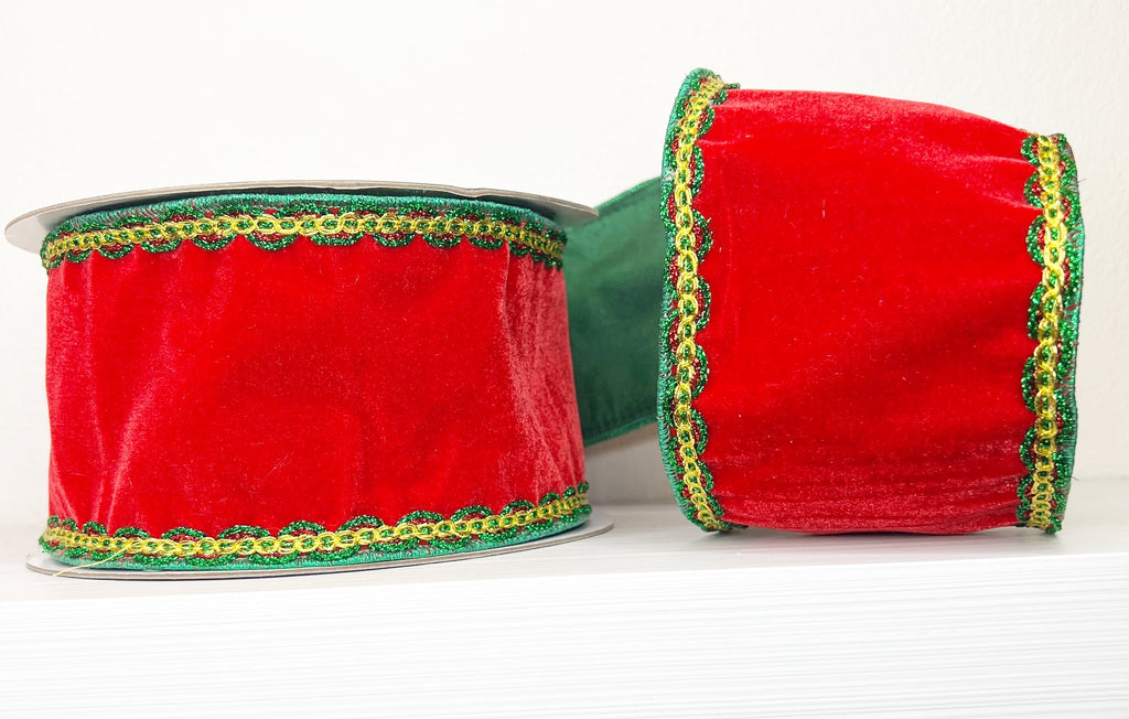 Red Velvet with Green & Gold Trim 4" Wired Ribbon-(25/62-68)