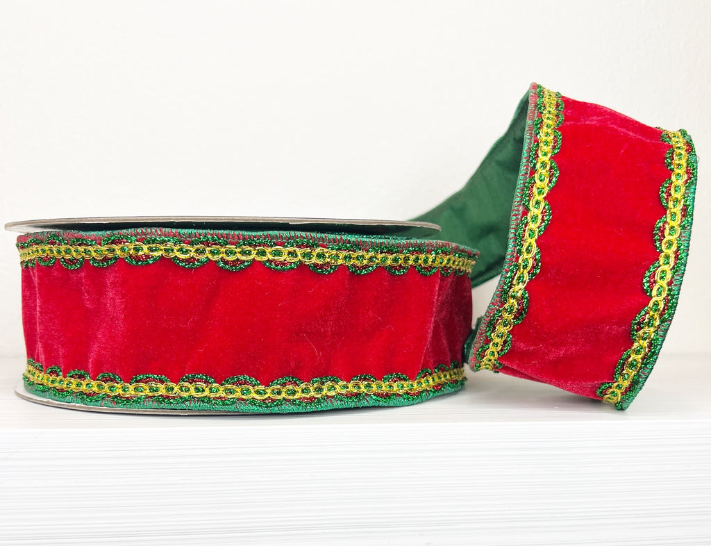 Red Velvet with Green & Gold Trim 2.5" Wired Ribbon-(25/61,145-147)