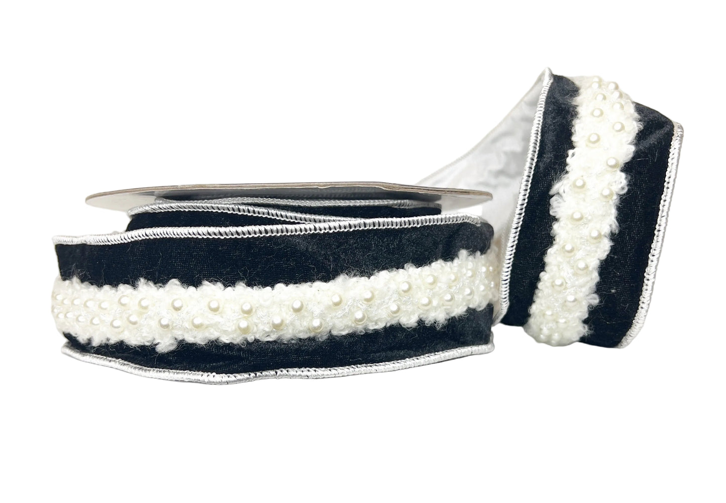 Pre-Order 2026-Black Velvet 2.5" x 5Y with Pearl Tweed Trim Wired Ribbon