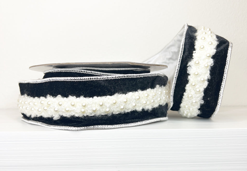 Black Velvet 2.5" with Pearl Tweed Trim Wired Ribbon-(25/120)