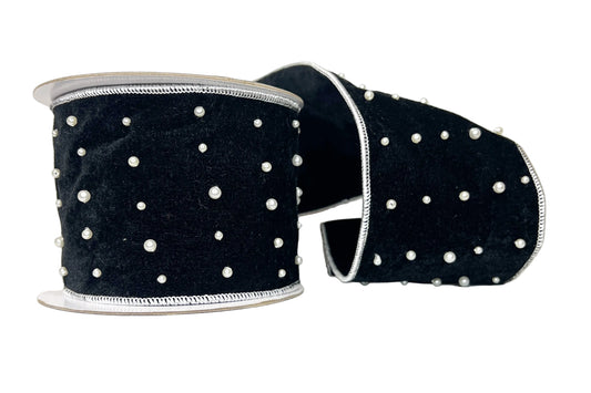 Pre-Order 2026- Black Velvet with Pearls 4" Wired Ribbon