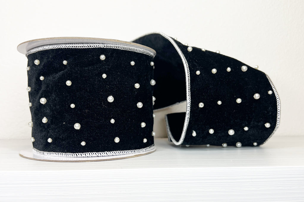 Black Velvet with Pearls 4" Wired Ribbon-(25/89,90)