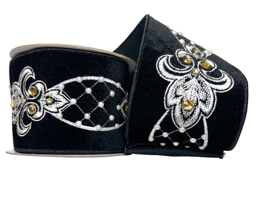 Pre-Order 2026- Black Velvet Ornate Pearl and Gold 4" Wired Ribbon