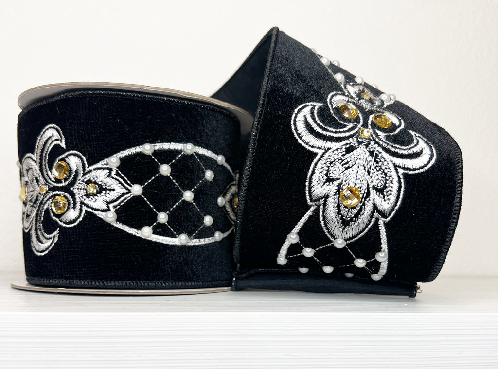Black Velvet Ornate Pearl and Gold 4" Wired Ribbon-(25/85)