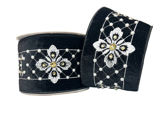 Pre-Order 2026- Black Velvet Pearl and Gold 4" Wired Ribbon