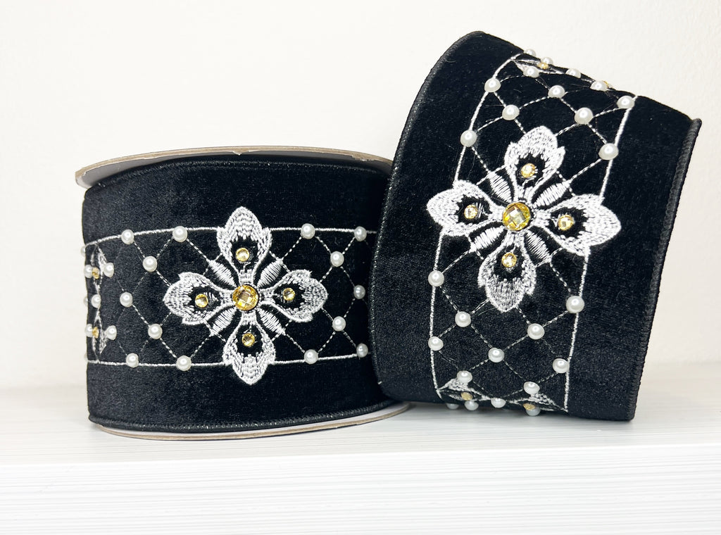 Black Velvet Pearl and Gold 4" Wired Ribbon- (25/88)