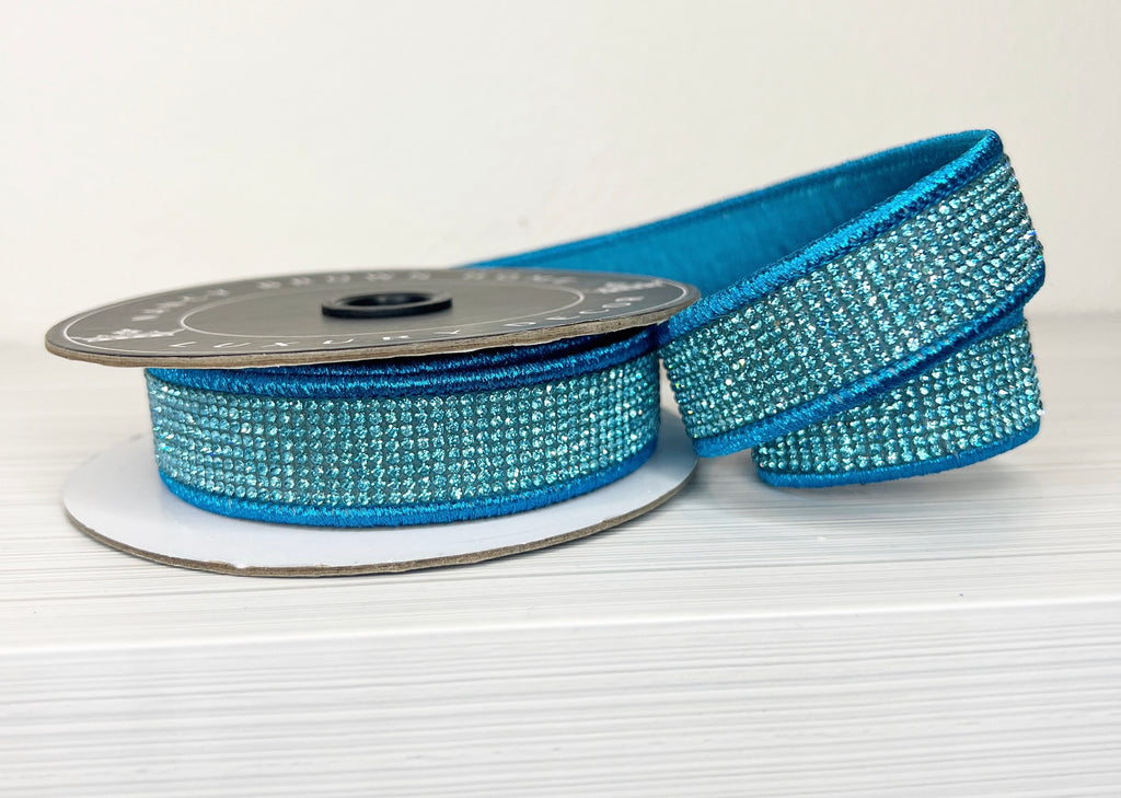 Turquoise/Teal Bling Double Sided 1" Wired Ribbon-(25/55)