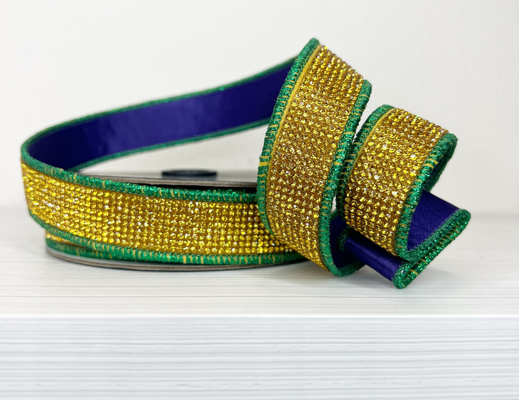 Gold Bling & Purple Backing with Gren Piping 1" Wired Ribbon-(25/57,142-143)