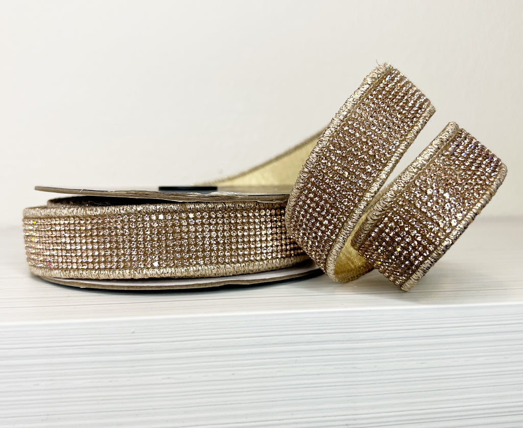 Champagne Bling Double Sided with Gold 1" Wired Ribbon-(25/84,149)