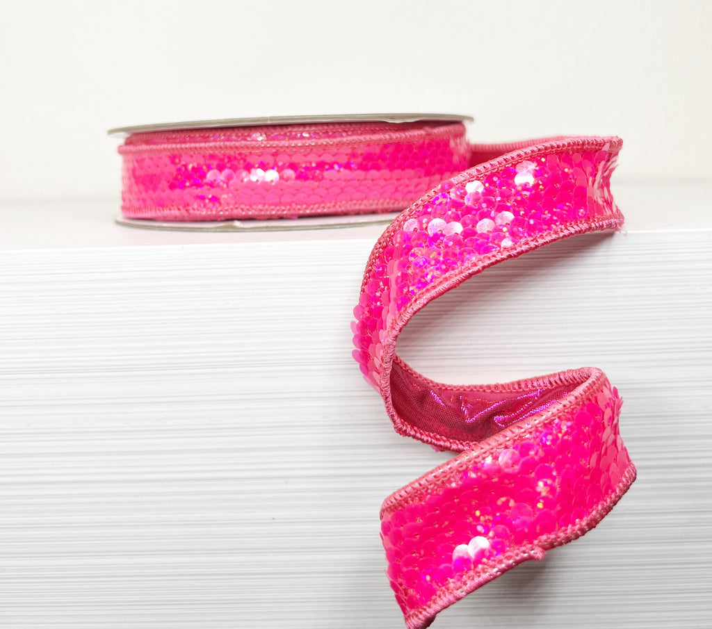 Hot Pink Sequin 1" Double-Sided Wired Ribbon-(25/85,144)