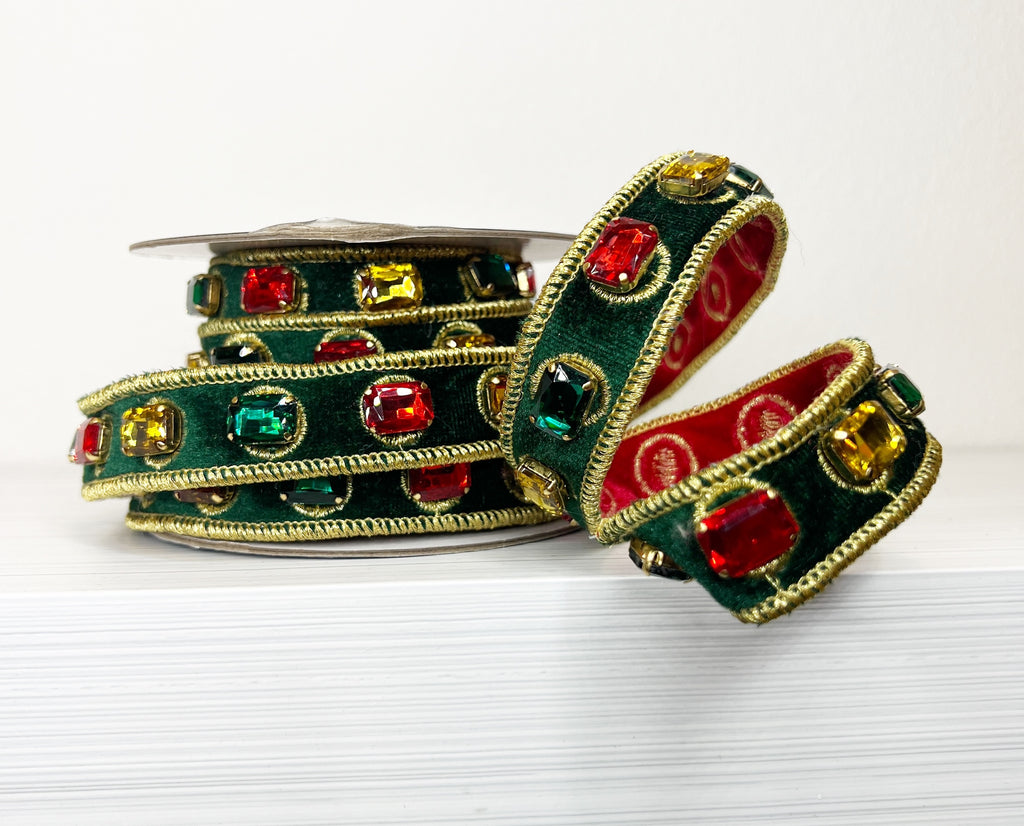 Green Velvet Large Gemstones 1"x3Y Wired Ribbon-(25/48,154)