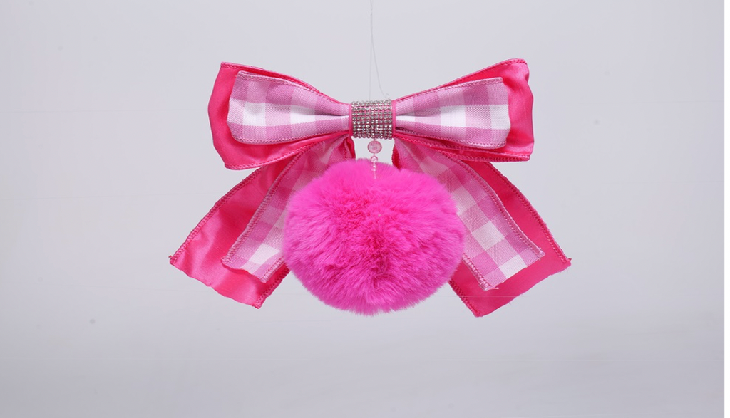 Ornament Clip- Pink Gingham Bow with Rhinestones and Hot Pink Pom