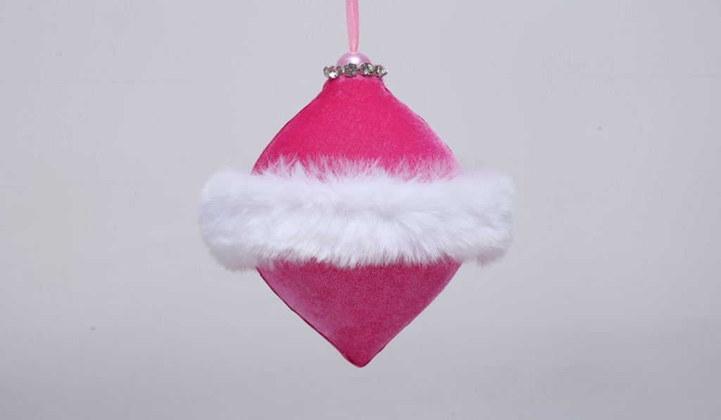 Ornament- Pink Posh Velvet with White Fur and Rhinestones Sphere- Large