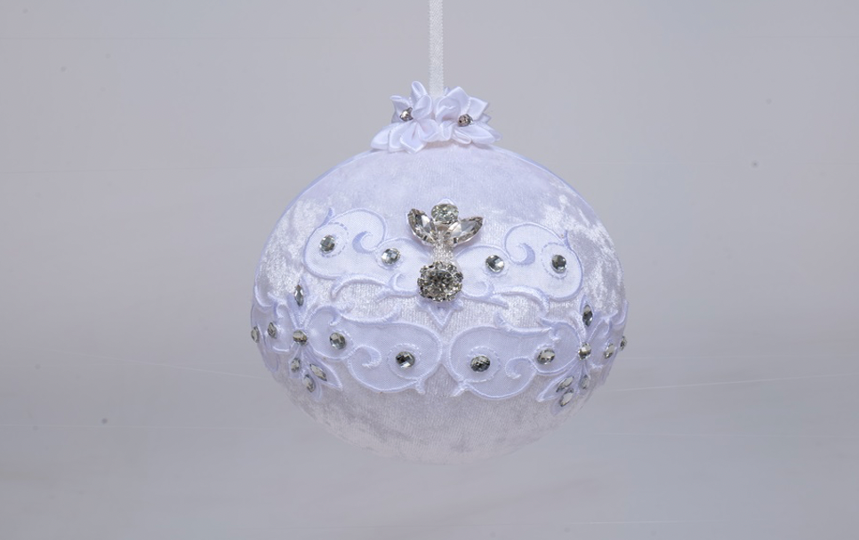 Ornament- White Velvet with Embroidery and Rhinestones- Large