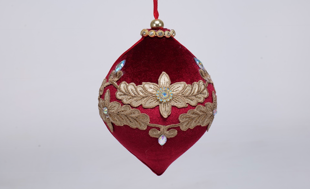 Ornament- Regal Red Velvet and Gold Embroidery with Rhinestones Sphere- Large