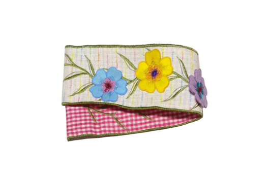 Pre-Order 2026- SPRING- APPLIQUED FLOWER ON TWEED CHECK BACKING 4"x5Y RIBBON