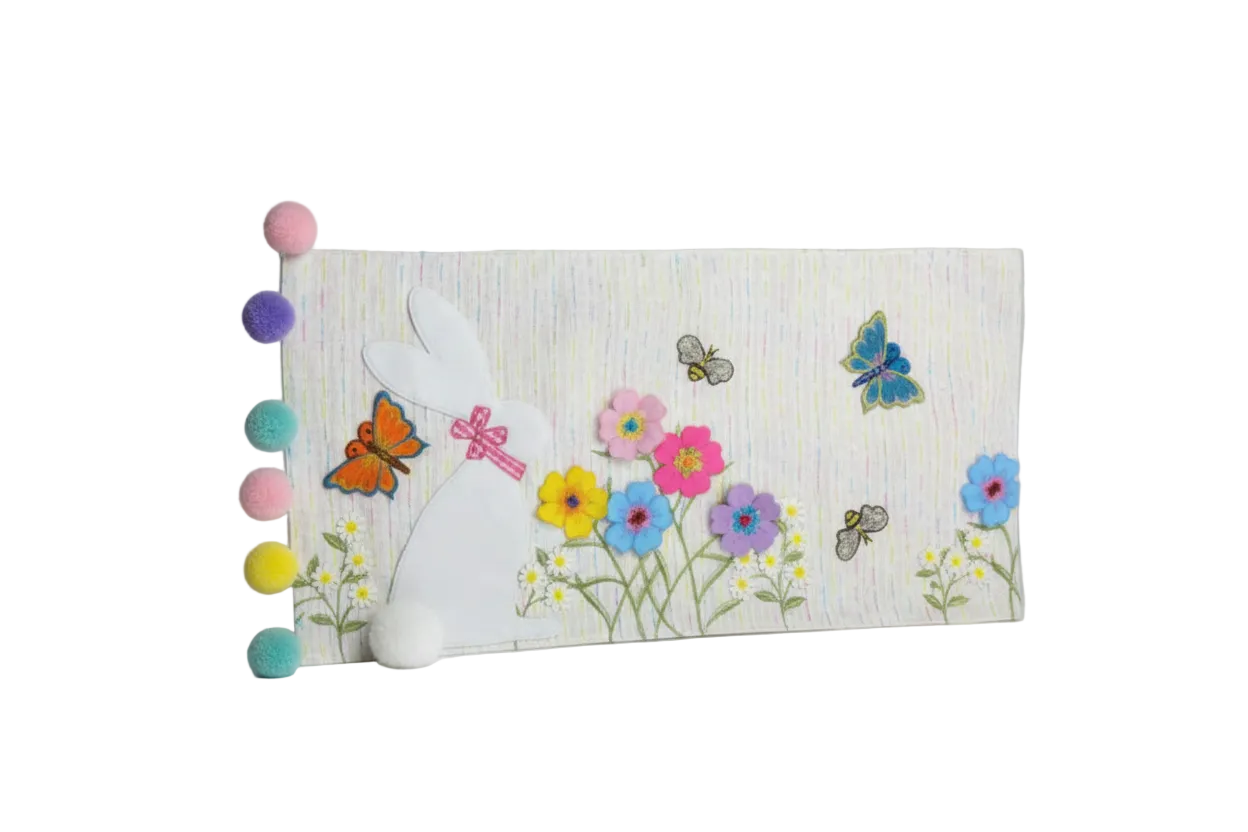 Spring Appliqued Flower Meadow with Butterfles and Colored Pom Poms Runner